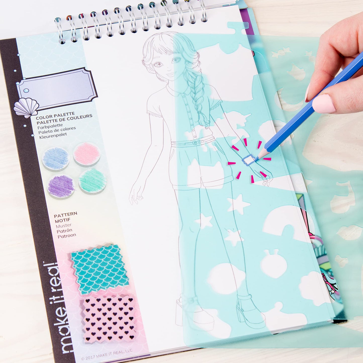 Make It Real Fashion Design Sketchbook for Girls - Pastel Pop Kit with 105 Stickers, Stencils, Design Guide - Pastel & Rainbow-T