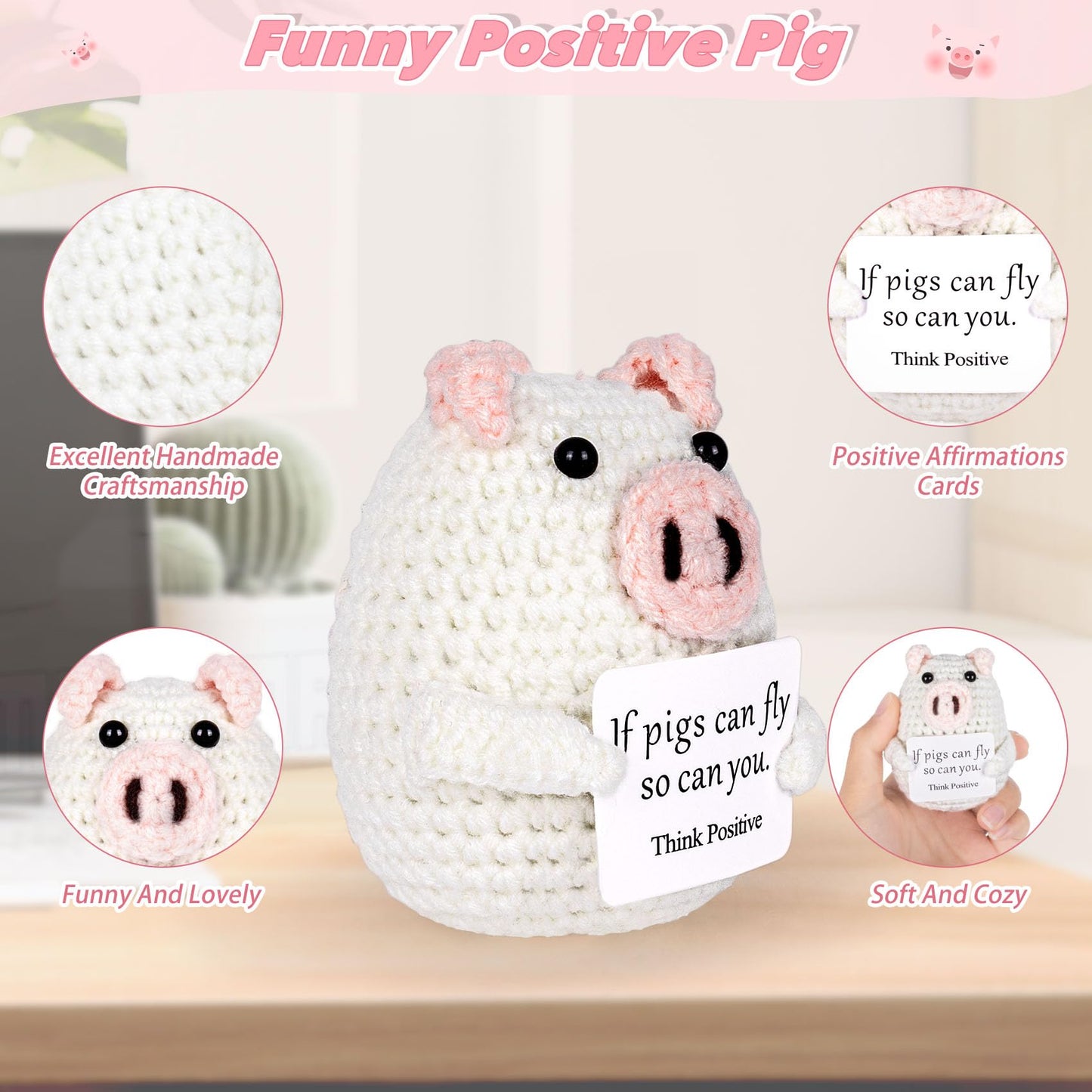 Maziky Funny Positive Pig Cute Crochet Pig Decor With Positive Affirmations Cards For Cheer Up Novelty Gifts