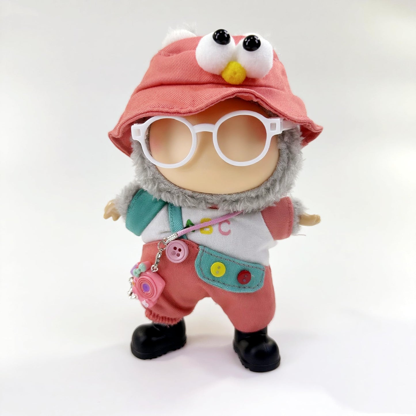 Stylish Adorable 17cm Dolls Clothes  6PCS Doll Outfits Dress-Up with Hat + Top + Pants + Glasses + Shoes + Pendant Accessories (No Dolls) Red