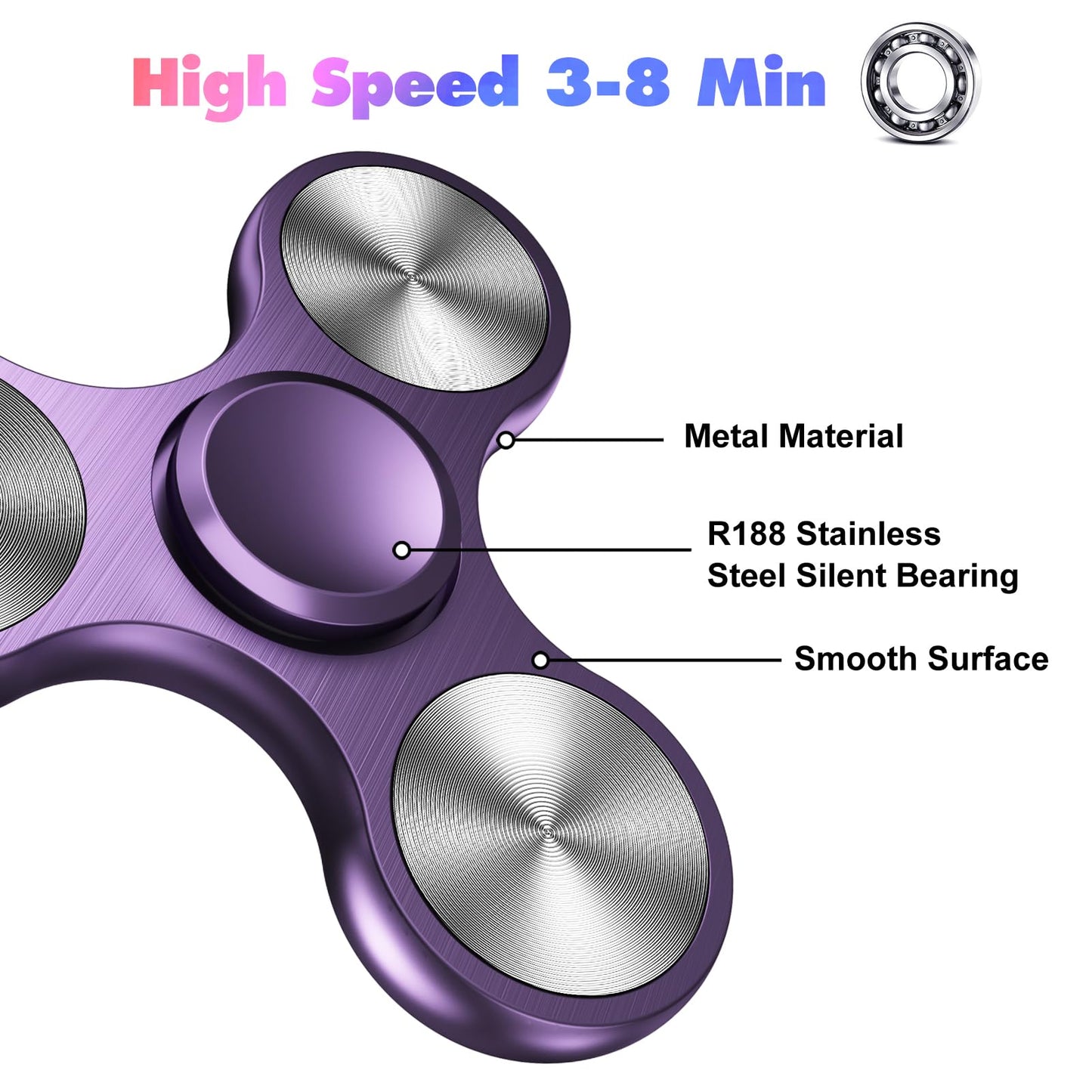 AUKARENY Purple Stainless Steel Fidget Spinner - EDC Toy for Stress Relief, 3-8 Min Spin Time, Small Finger Toy for Kids & Adults