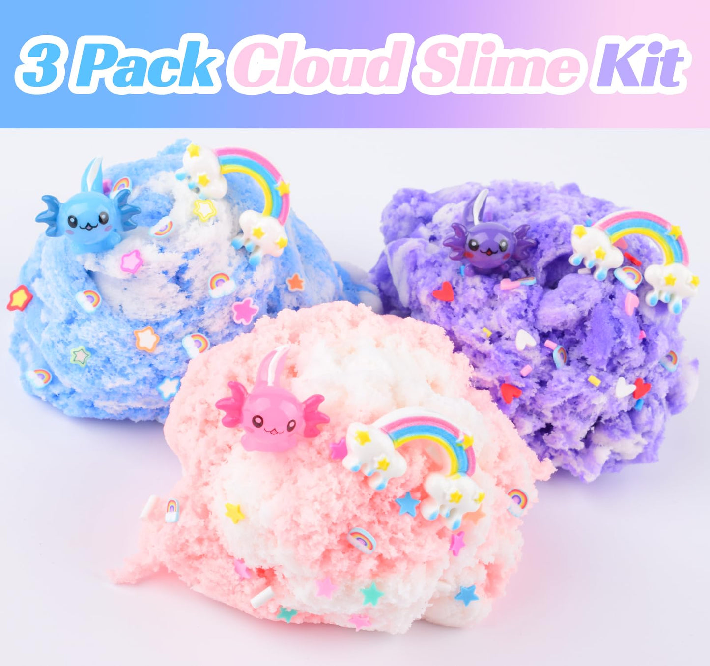 3 Pack Axolotl Cloud Slime, with Pink, Blue, Purple Axolotl Charms, Scented Slime Party Favor for Girls & Boys, Super Soft, Idea