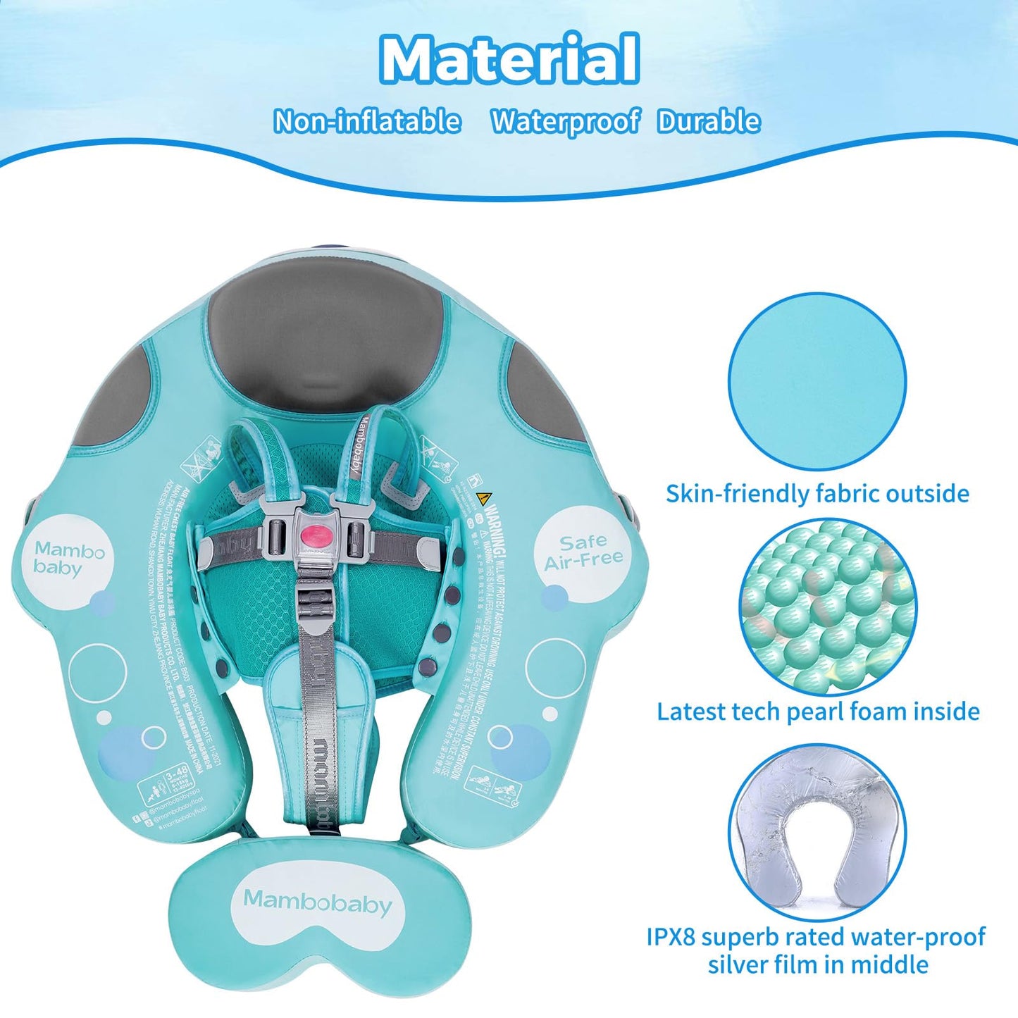 Mambobaby Float With Canopy Upf 50+ Sun Protection Pearl Foam Non-Inflatable Solid Baby Pool Float With Tail Mambo Float Swim Trainer Skin-Friendly Infant Swimming Ring For Baby 3-48 Months