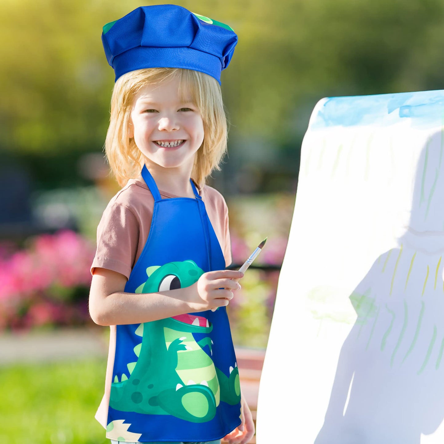 R HORSE Kids Aprons Chef Hat Sets Blue Cute Dinosaur Cooking Aprons Toddler Chef Hat Waterproof Art Painting Apron Boys Kitchen