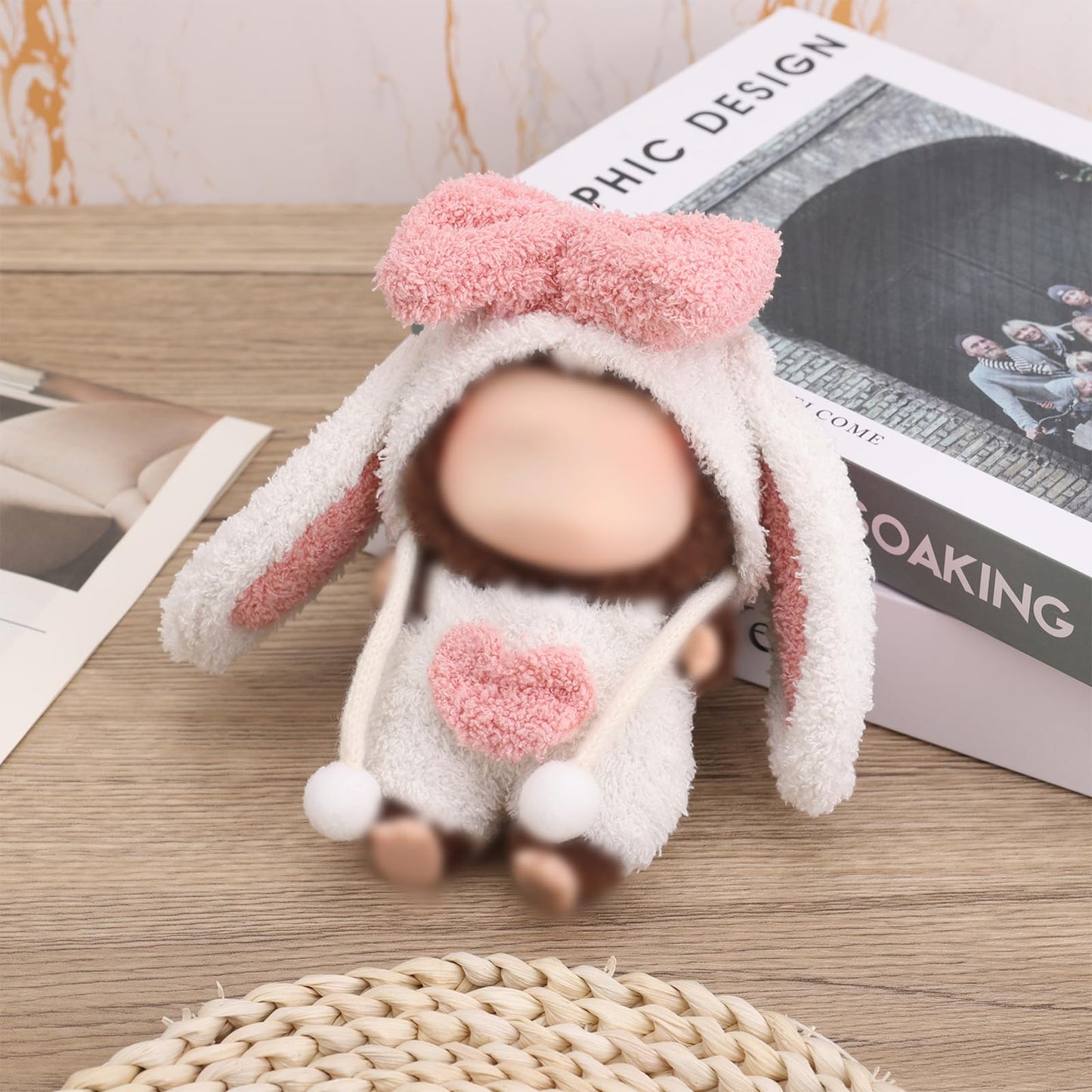 Doll Clothes Set, Puffy Bunny Outfit For 6.69In Standing & 5.91In Sitting With Pink Heart-Shaped Overalls And Long-Eared Hood Fo
