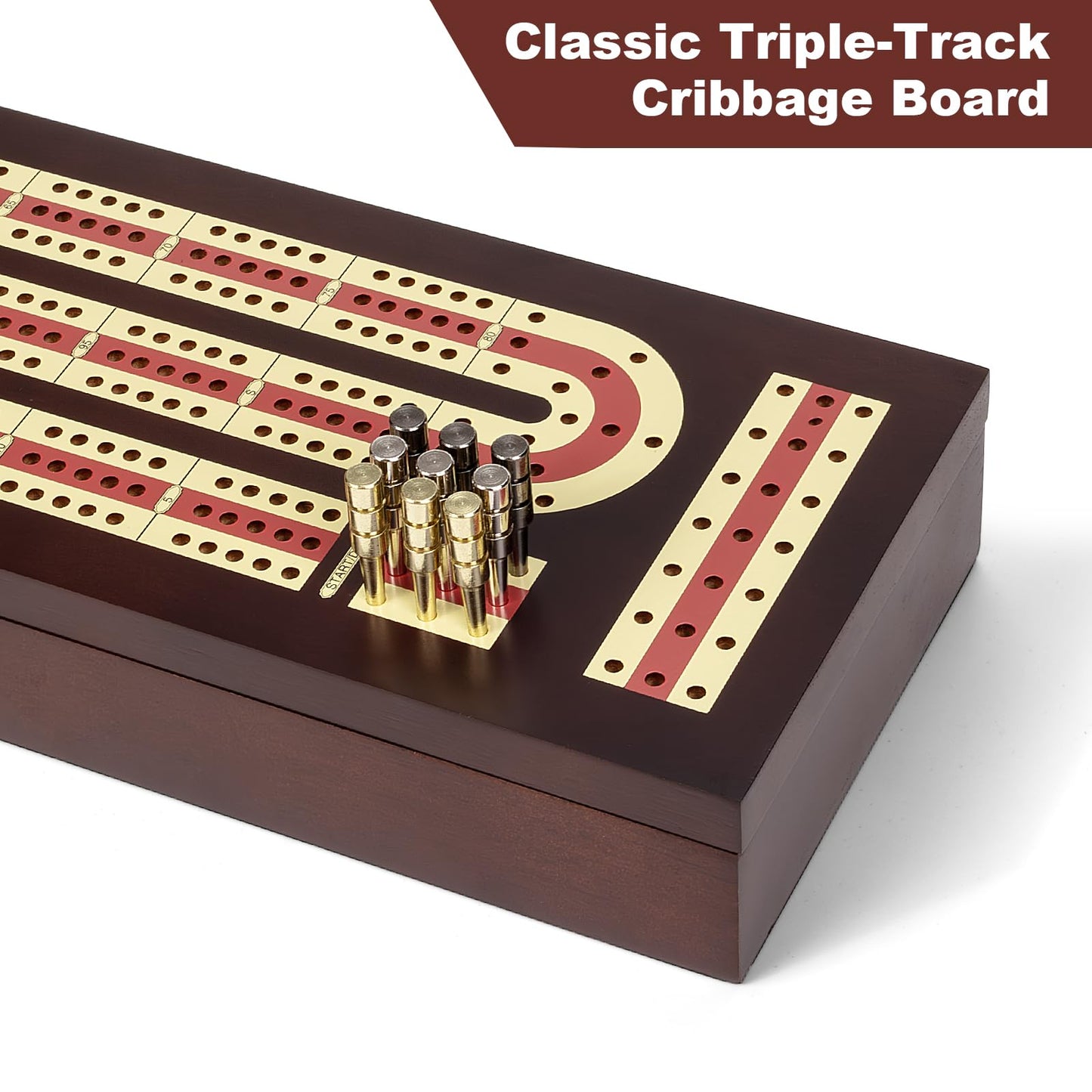 Cribbage Board Game Set, Premium Wooden Board With Magnetic Lock And Metal Pegs, 2 Playing Cards, And Large Storage - Travel-Fri
