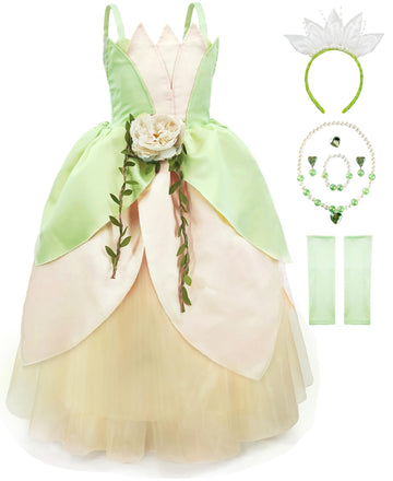 Axaxa Princess Tiana Costume for Girls Princess and the Frog Costume with Accessories 6-7 Years