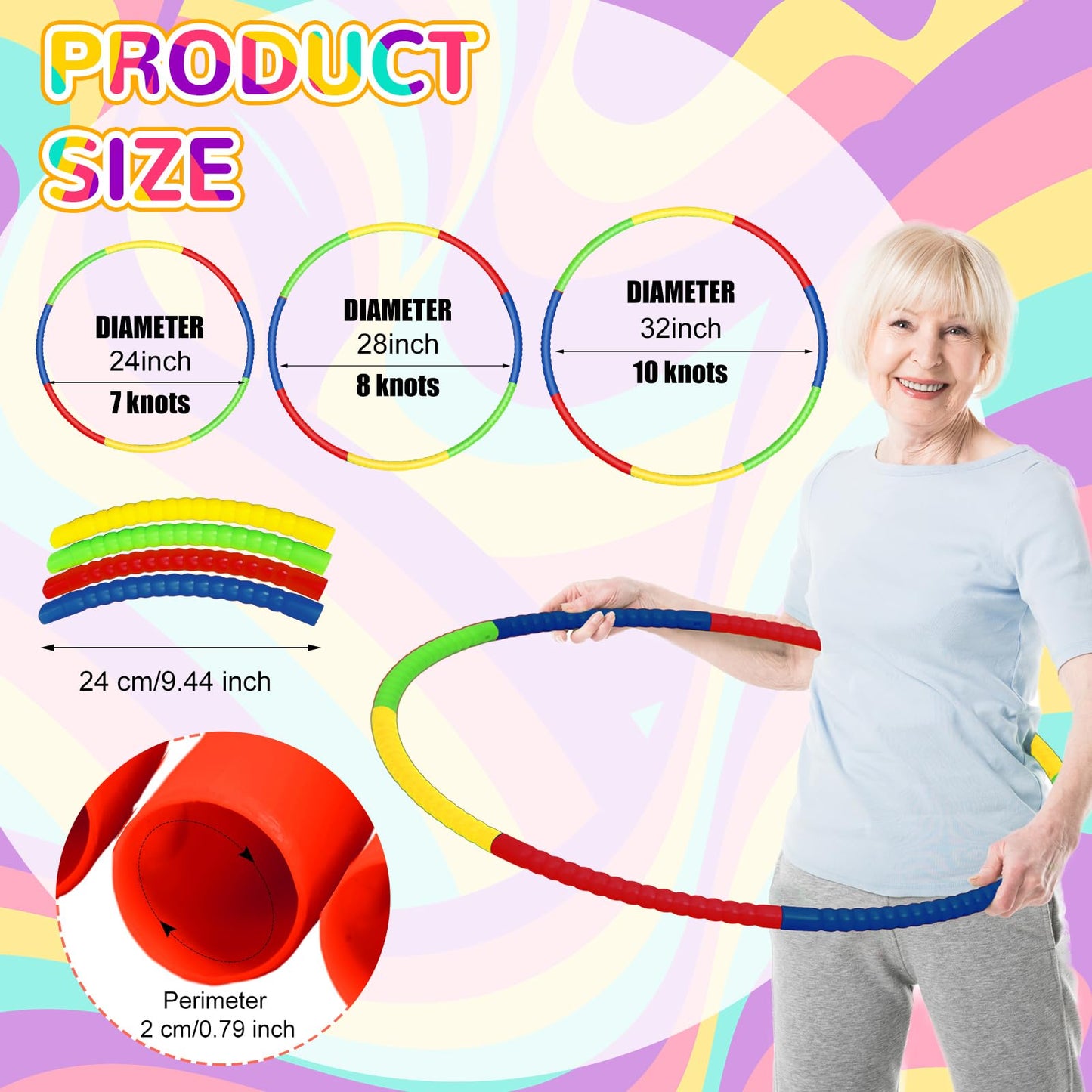 Syhood 12 Pcs Toy Color Hoop Plastic Detachable Adjustable Hoop Light Weight Exercise Fitness Equipment Toy Waist Ring for mature-themed Party  3 Sizes(Green  Pink  Yellow  Dark Blue)