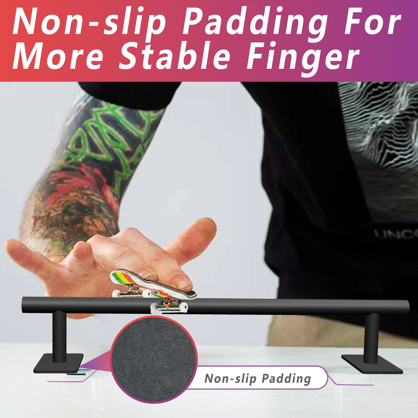 Professional Fingerboard Flat Rail enhanced Solid Steel Construction Fingerboard Deck Fingerboard Ramp Great Add for Fingerboard Parks Black Powder Coated Finish Non-Slip Foam Feet (round)