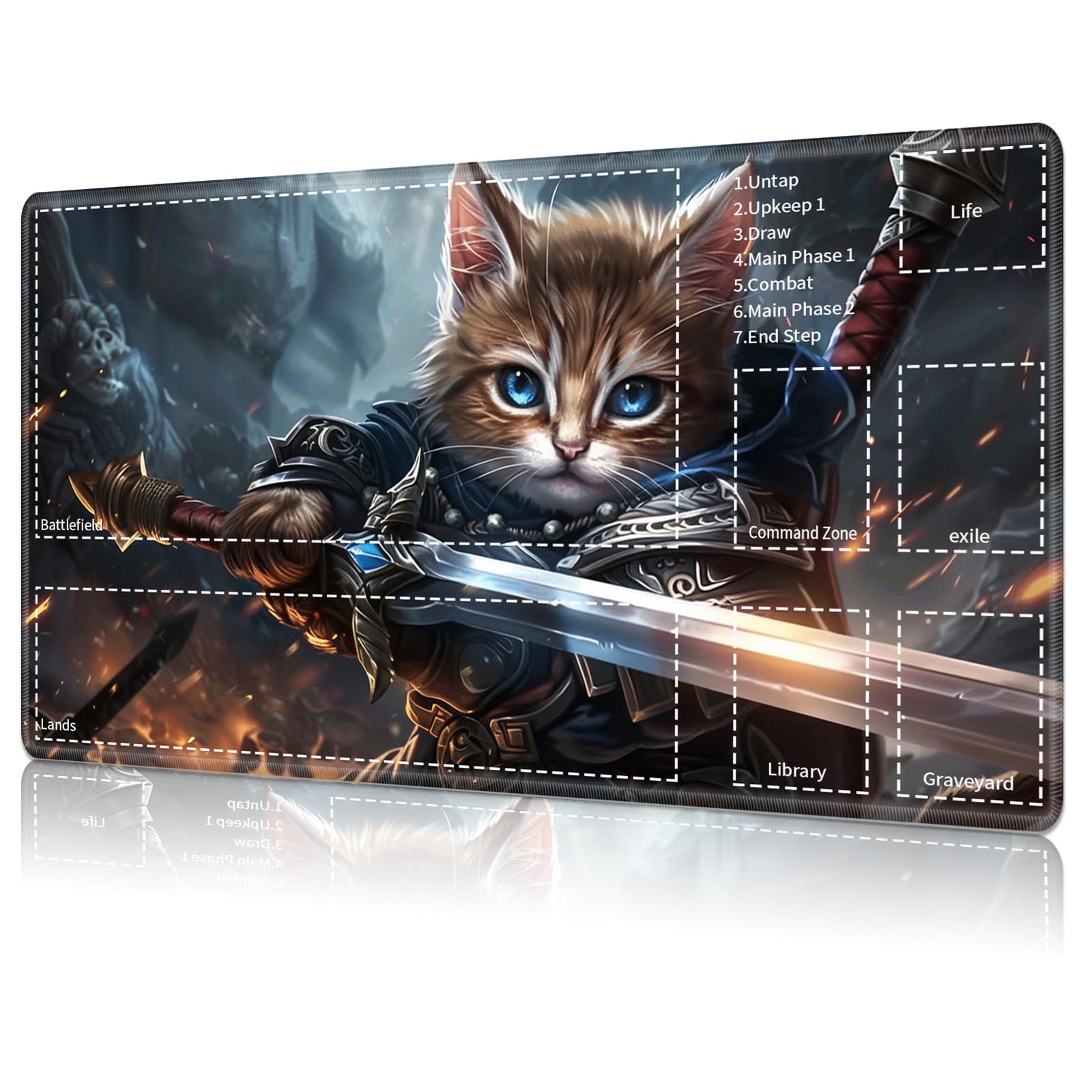 for MTG Card Playmat with Zone Game Play Mat for MTG TCG 24 x 14 inches Non-Slip Play Mat for Commander Board RPG CCG Game TCG Other Card Games/Mouse Pad-Cat Warrior Holds The decorative replica blade