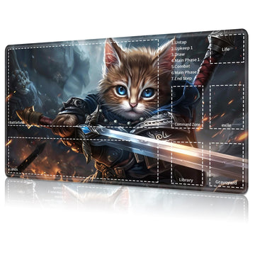 for MTG Card Playmat with Zone Game Play Mat for MTG TCG 24 x 14 inches Non-Slip Play Mat for Commander Board RPG CCG Game TCG Other Card Games/Mouse Pad-Cat Warrior Holds The decorative replica blade
