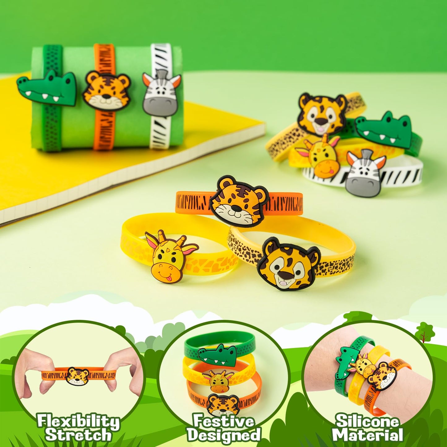 Dmight Jungle Safari Party Favors 30 Pcs Wild Animals Slap Bracelets And Rubber Wristband For Kids Birthday Gifts, Wild Theme Pa
