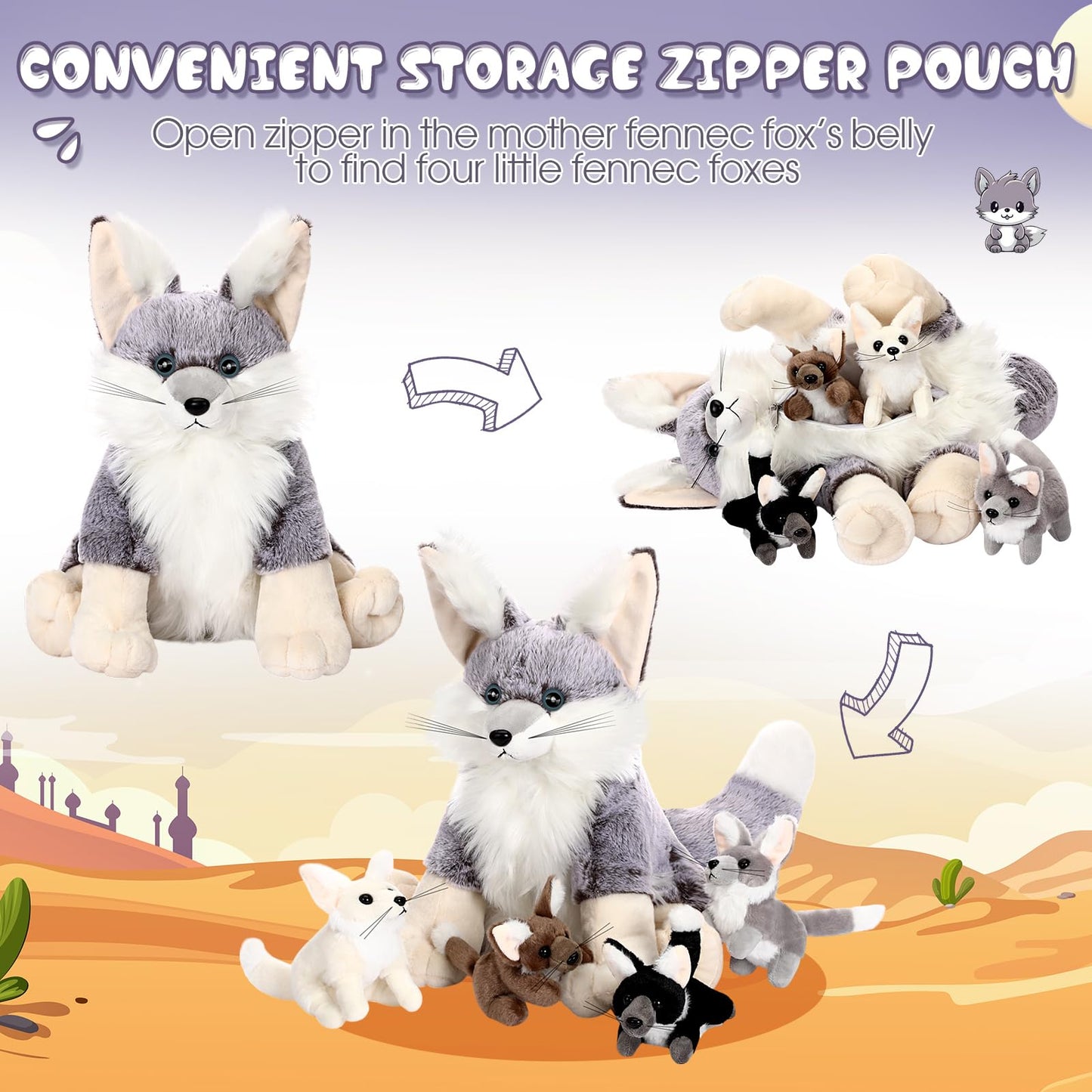 HyDren Fennec Fox Stuffed Animal Set - 5 Pcs Plush Toys, Gray, Sitting, PP Cotton, Perfect for Gifts and Decor
