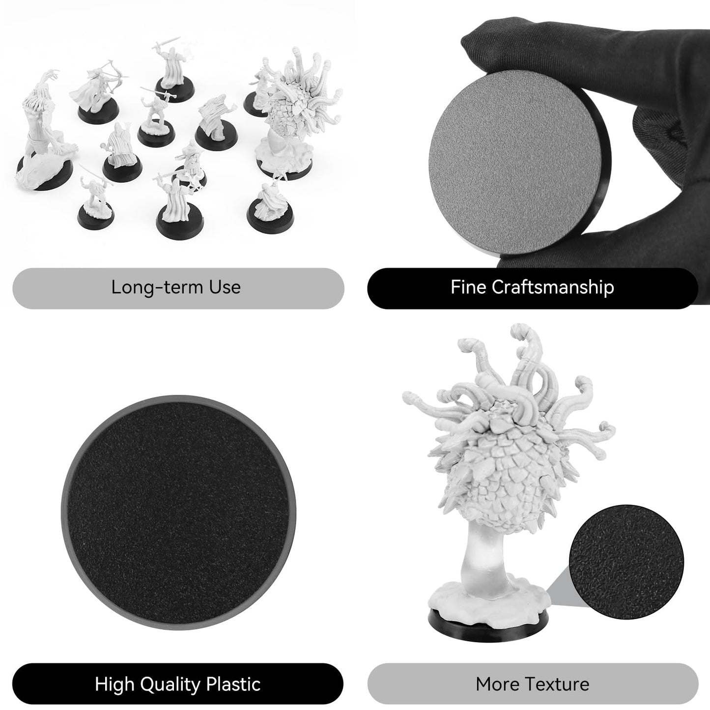 TITAWU 100PCS Miniature Bases+120PCS Adhesive, 25mm 28.5mm 32mm 40mm Mix 4 Different Sizes Textured Plastic Black Round Model Ba