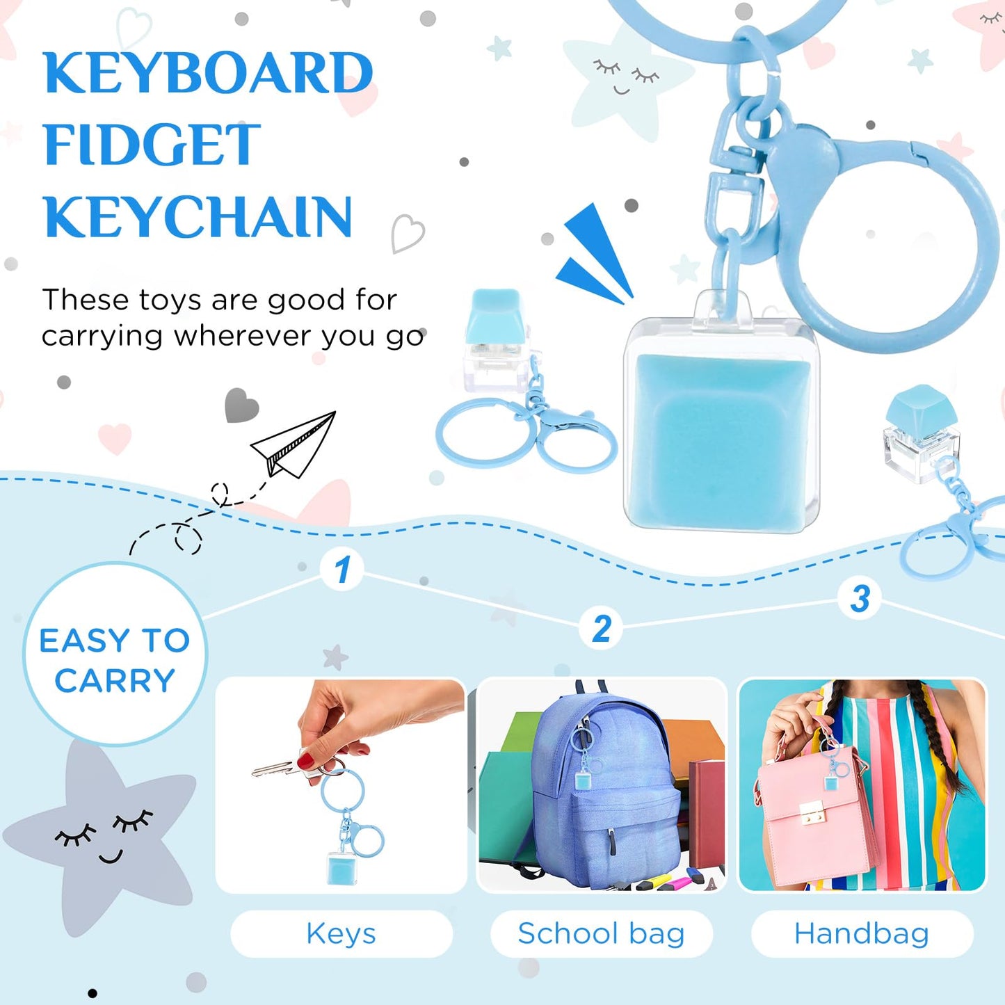 Shappy 6 Pcs Keyboard Fidget Toys  Fidget Keychain  Fidget Keyboard Clicker Keychain Gift  Keychain Button Stress Relief Gifts for mature-themed Office Home School  ADHD Toy  Cool Fidgets(Blue)