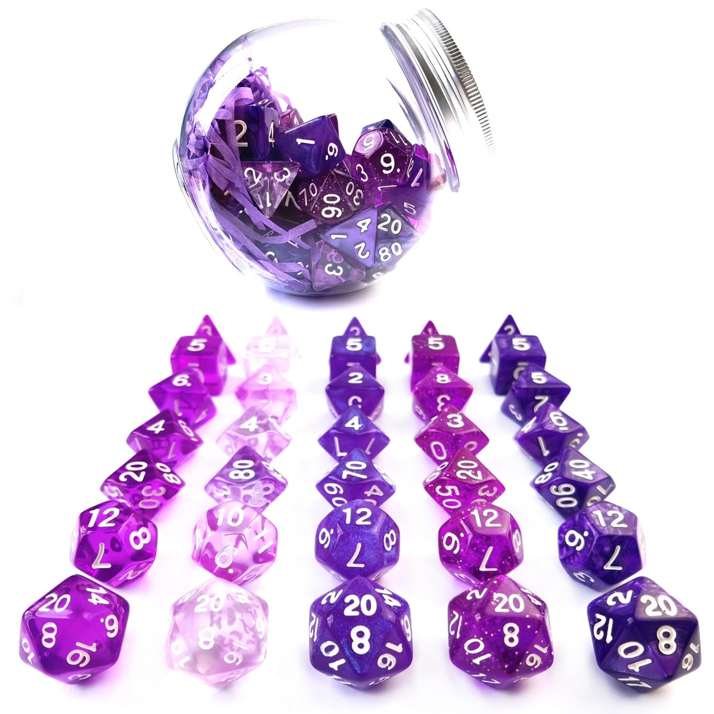 Bescon 35pcs Polyhedral RPG Dice Amethysts Set, DND Role Playing Game Dice Purple Sets 5X7pcs