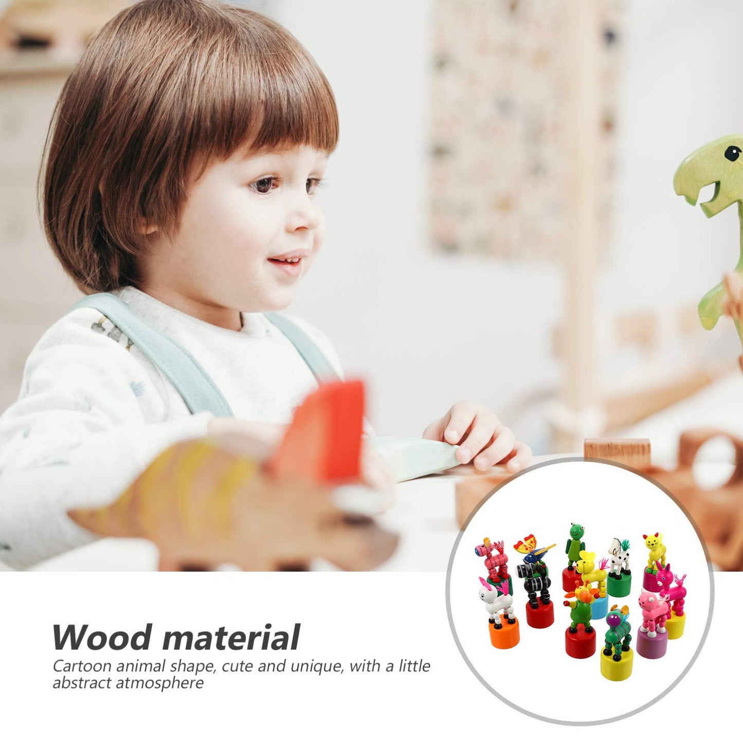 Nuobesty 12Pcs Kids Wooden Push Up Toys Kids Finger Puppets Wood Animal Figurines Press Base Thumb Puppets Animal Party Favors