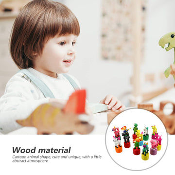 Nuobesty 12Pcs Kids Wooden Push Up Toys Kids Finger Puppets Wood Animal Figurines Press Base Thumb Puppets Animal Party Favors