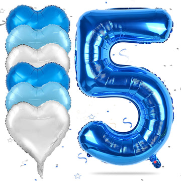 Biapian 40 Inch Blue Number 5 Balloons, Large Number 5 Balloon With 18'' Dark Blue And Silver Foil Heart Shape Balloons Helium F