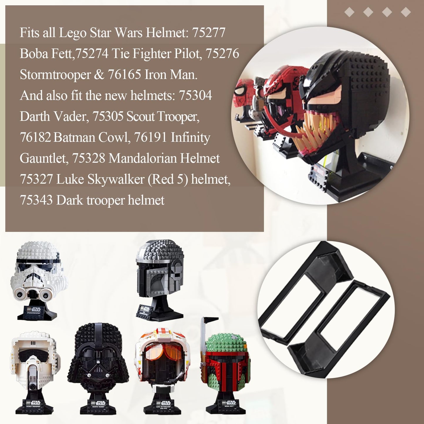 4 Pcs Black Wall Mount Display Stand Fits Lego Star Wars Helmet, Wall Mount Display Shelf, Compatible With All Standard Lego Hel