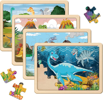 Puzzles For Kids Ages 4-6, 4 Pack Wooden Jigsaw Puzzles With 24 Pieces Each, Dinosaur Puzzle Preschool Educational Learning Toys