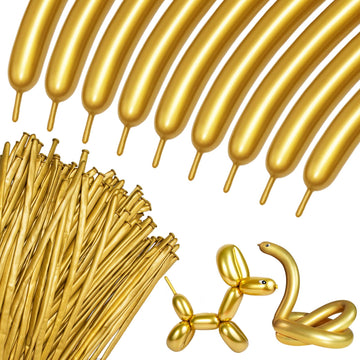 100Pcs 260 Balloons Metallic Gold Long Balloons For Balloon Animals, Gold Skinny Latex Twisting Balloon For Animals Modeling Chr