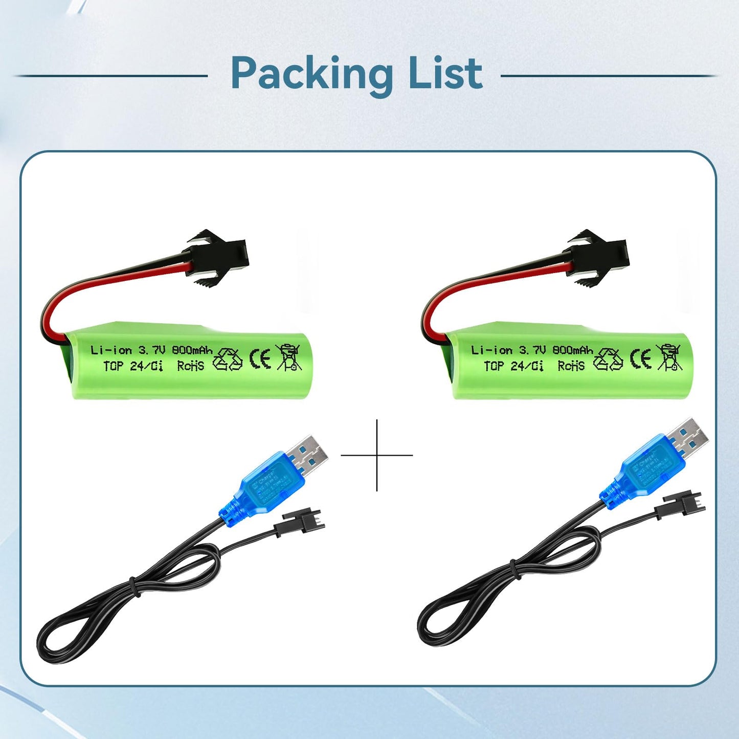 Tosiicop 3.7V 800mah Li-ion Battery 2 Pack - 3.7 Volt Rechargeable Battery with SM-2P Plug and USB Charger for RC Stunt Car Truc