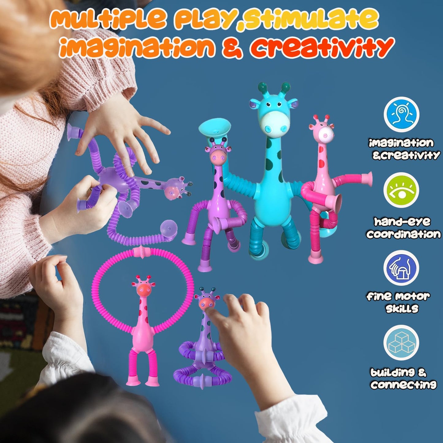 Jazoxdmr Light Up Pop Tubes Telescopic Suction Cup Giraffe Toys,Toddler Travel Toys,Animal Fidget Toys Sensory Toys For Kids Wit