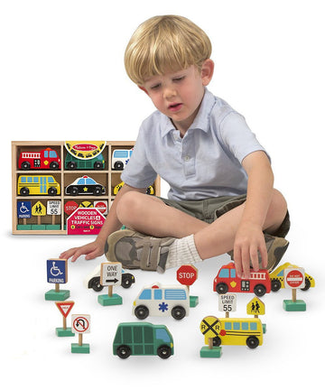 Melissa & Doug Wooden 6-Vehicle And 9-Traffic Signs Play Set & 1 Scratch Art Mini-Pad Bundle (03177)