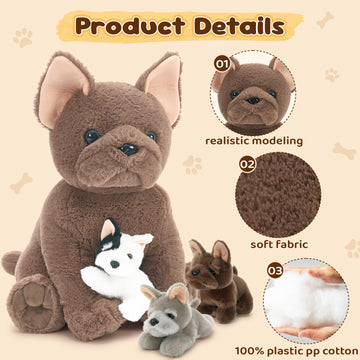 Tezituor French Bulldog Stuffed Animal With 3 Babies,17.7 Inches Mommy Dog Plush Soft Puppy Toys Realistic Fluffy Dog Christmas