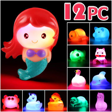 Laxdacee No Hole Bath Toy, 12 Pack Light Up Animal, Flashing Color Tub Toys For Toddler Swimming Pool Party Bathtub Bathroom Sho