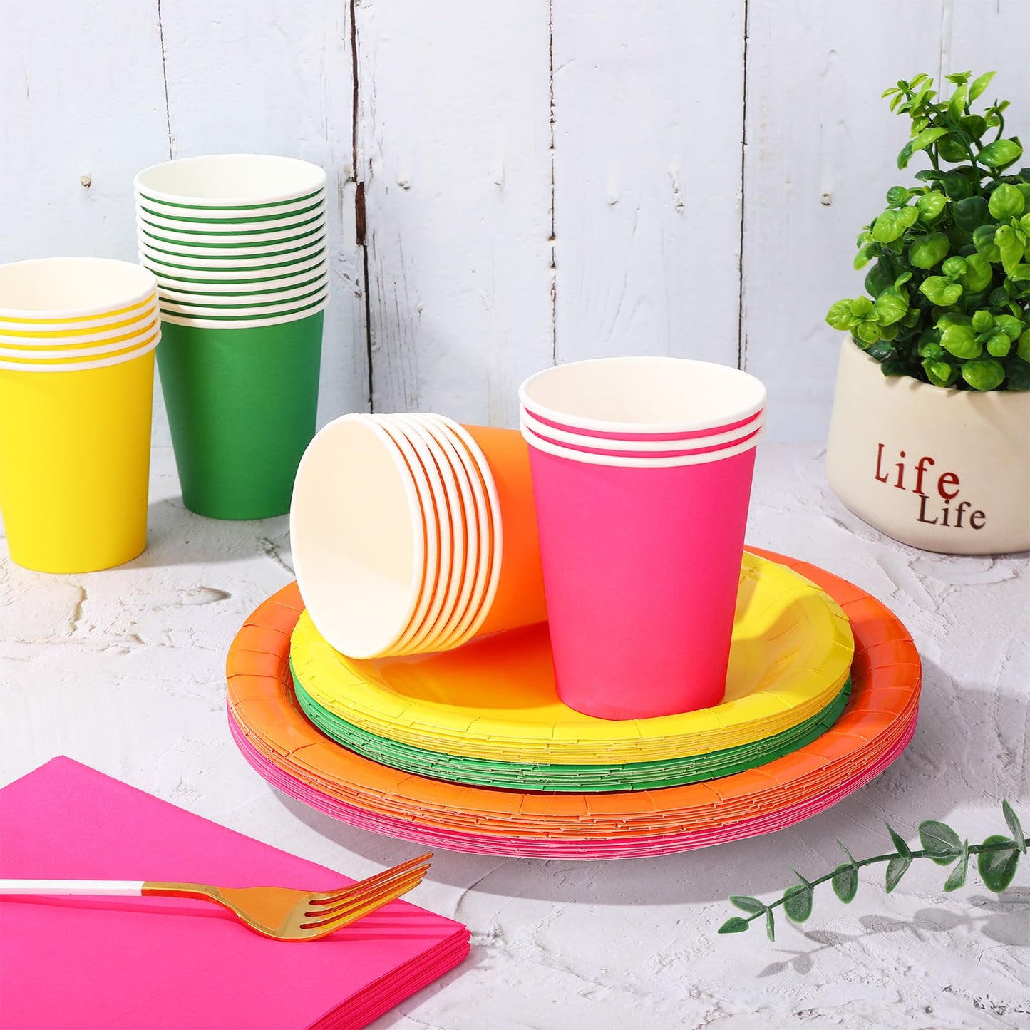 Whaline 244Pcs Neon Tableware Set Serves 48 Bright Color Disposable Dinnerware 48 9 Plates 48 7 Plate 48 9oz Cups 100 Napkins fo