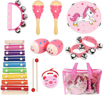 Kids Musical Instruments Sets, 12Pcs Wooden Percussion Instruments Toys Tambourine Xylophone For Kids Playing Preschool Education, Early Learning Musical Toys For Boys Girls Gift (Pink)