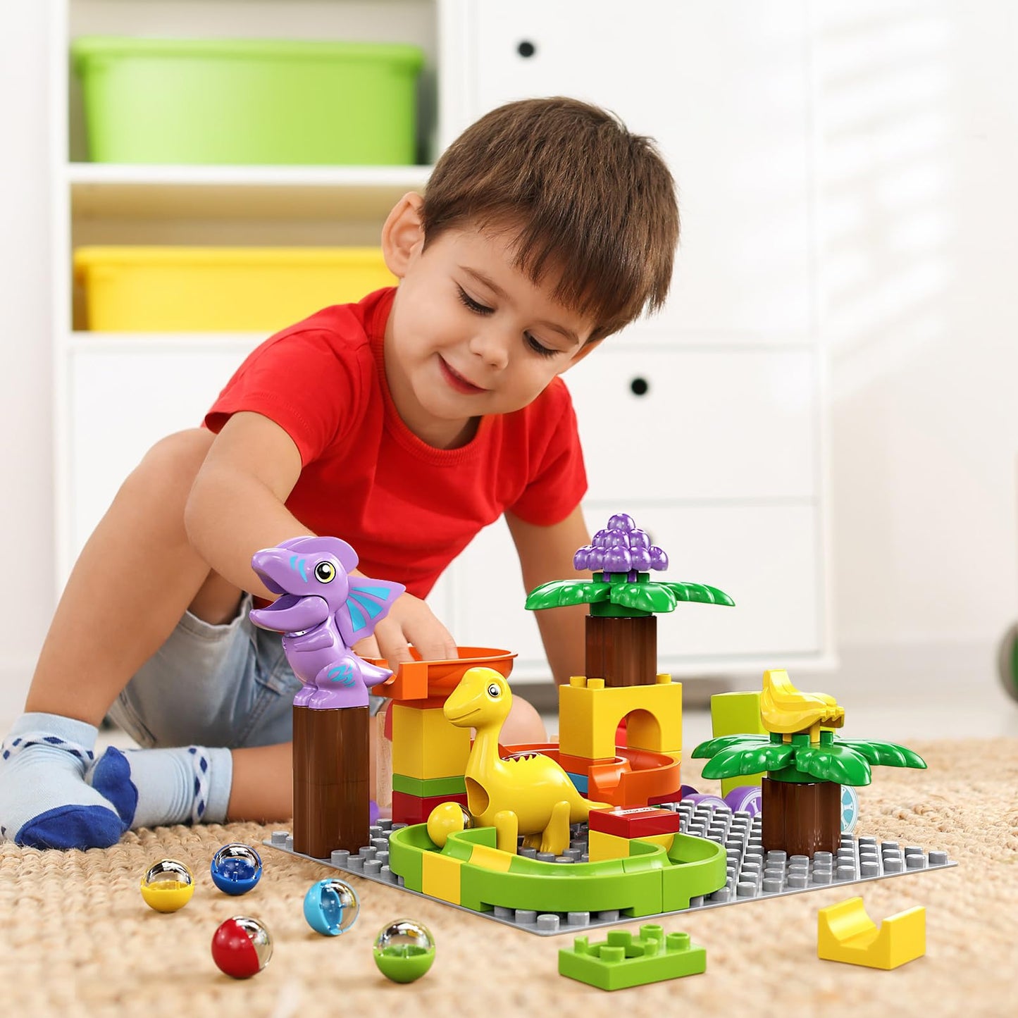 Kid Marble Run Building Blocks Dinosaur, Montessori Learning Stem Toy Bricks Maze Puzzle Set Race Track Compatible With Major Brands For Age 3 4 5 6 7 8+ Boys Girls Gift 67Pcs
