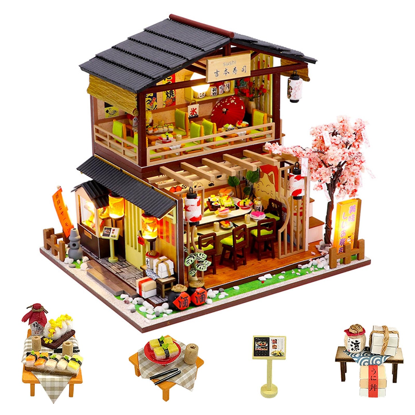 OurMiao Miniature House Kit - Gibbon Sushi  DIY Wooden Dollhouse for mature-themeds with LED & Furniture  Tiny House Craft Gift for Teens Families Friends