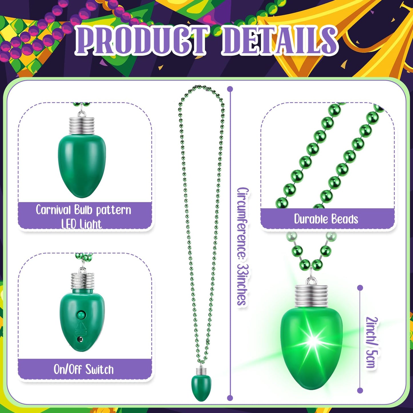 Ferreve 24 Pcs LED Mardi Gras Beads Necklace Colorful Light up Bulb Necklaces Mardi Gras Lanyard Glow Necklace Mardi Gras Tossin