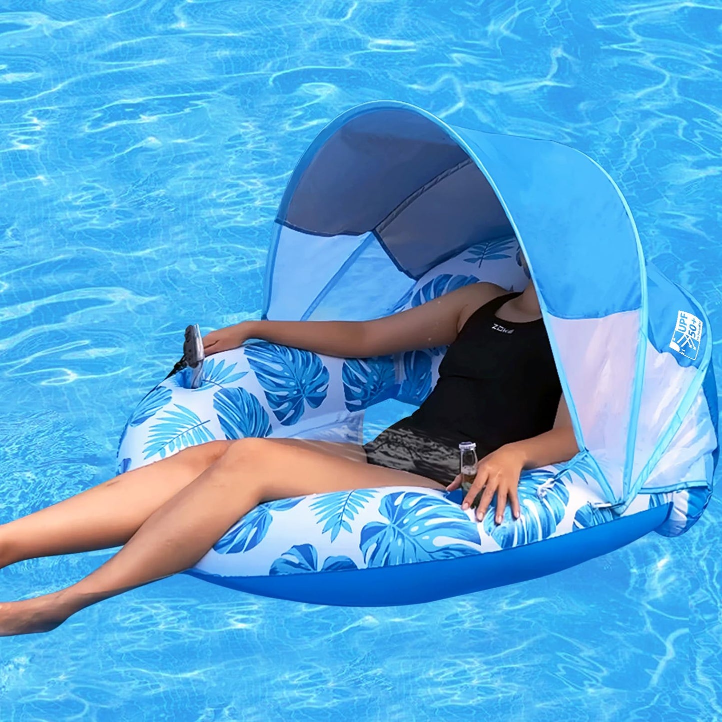 COOLCOOLDEE Inflatable Pool Chair Float with Shade, XL, Blue, Heavy Duty, Model CCD03, Cup Holder & Backrest for Pool, Lake, Beach
