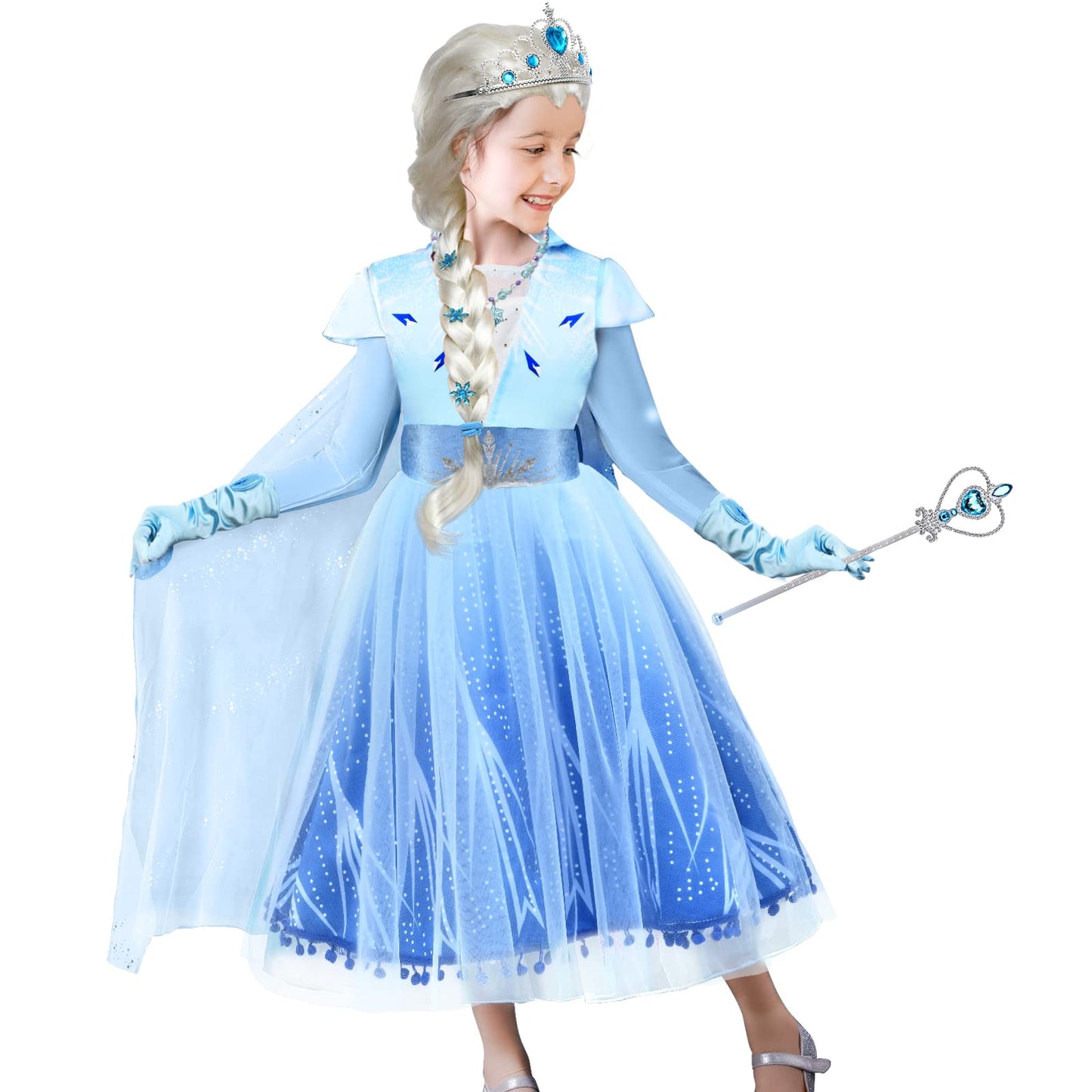 Tacobear 10Pcs Elsa Costume Dress For Girls Kids Toddler Snow Princess Dress Up Clothes For Little Girls With Elsa Accessories Gloves Crown Wands Wig Necklace For 7-8Y Kids Christmas Birthday Party