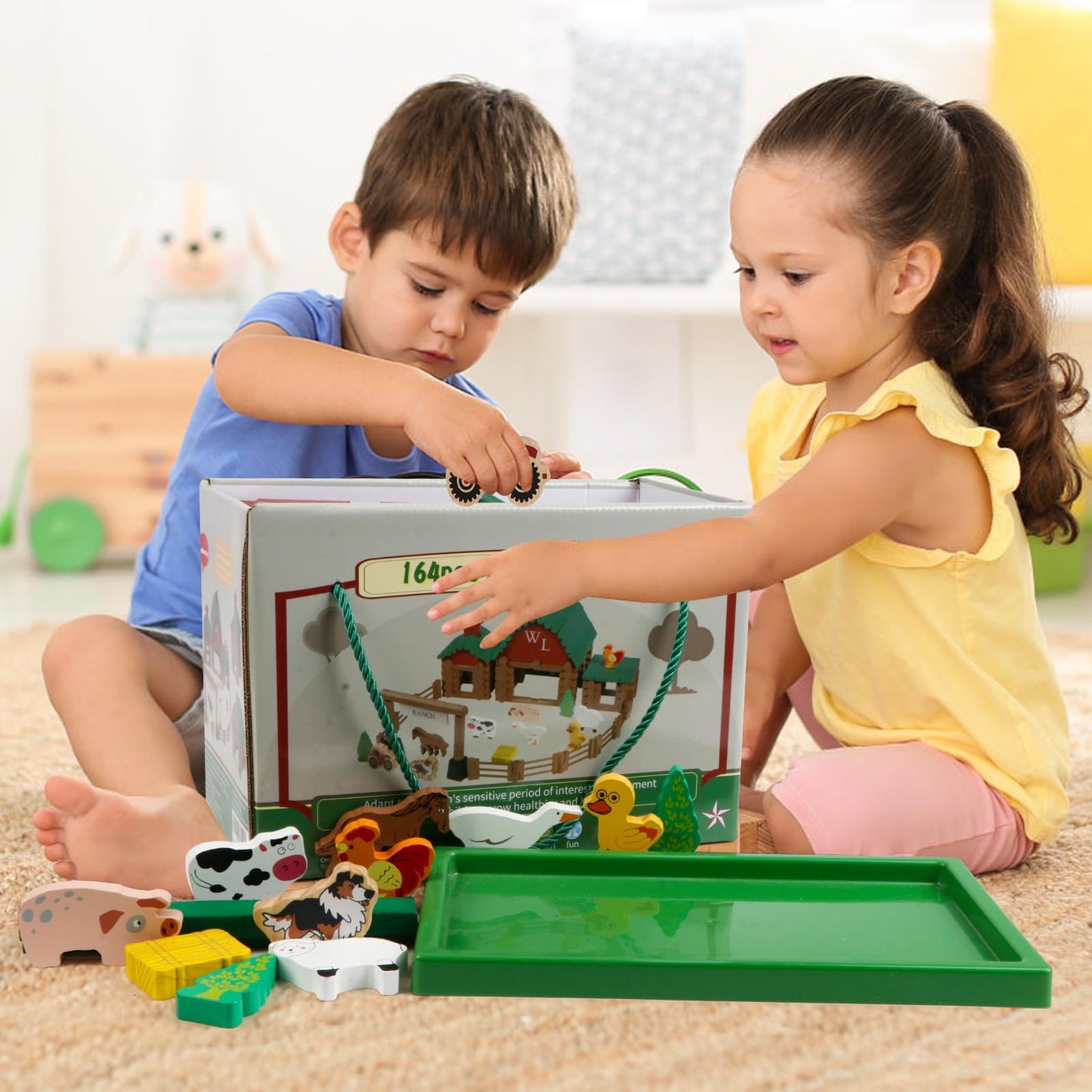 Wondertoys Wooden Log Set - 164 Pcs Large Brown/Green Building Logs for Ages 3+ - Creative Educational Gift