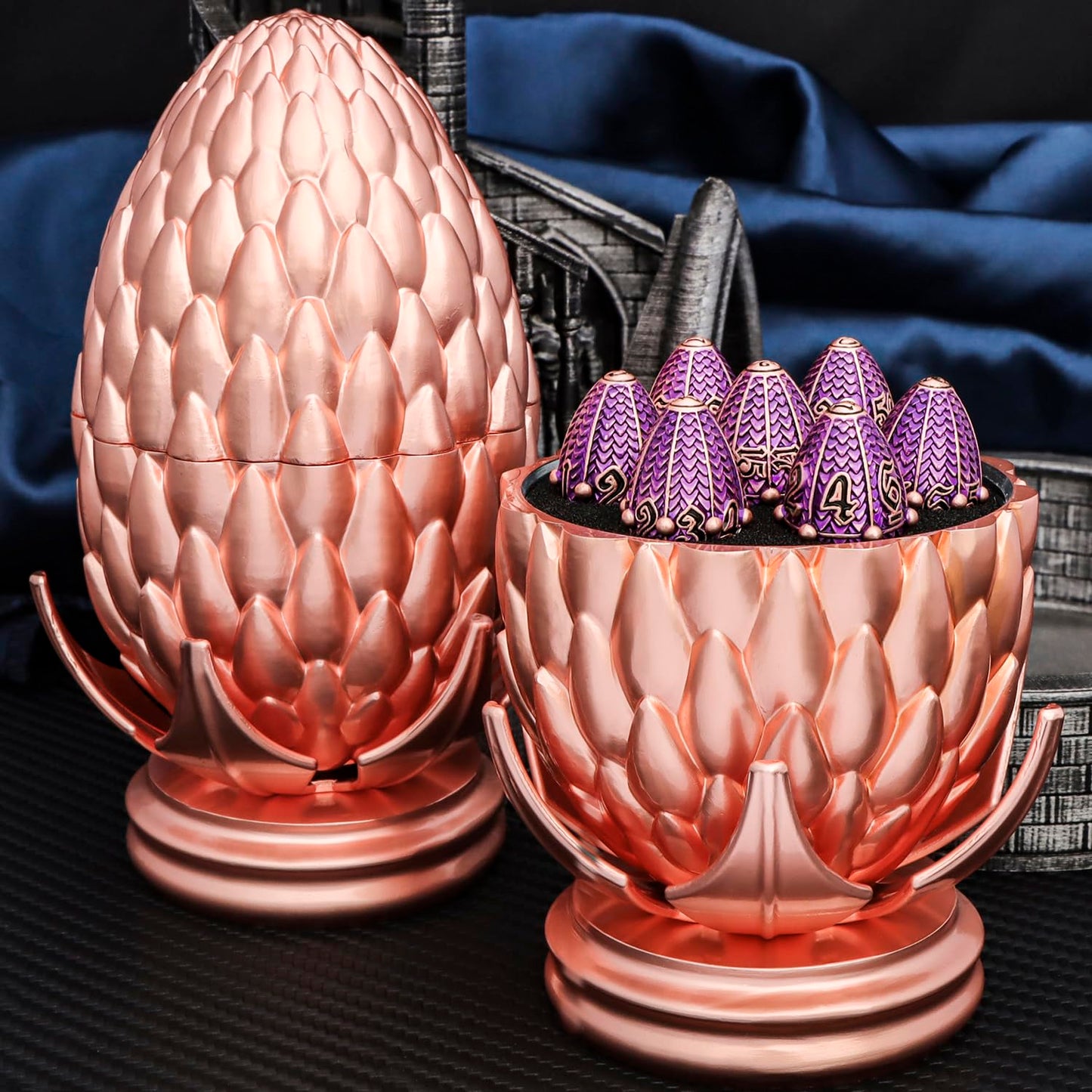 ARUOHHA DND Metal Dice Copper Purple Dragon Egg Dice with Rotating Dragon Egg Shell, Dungeons and Dragons Role Playing Game RPG