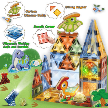 Binzkbb Magnetic Tiles 110Pcs - 3D Lighted Magnet Building Blocks For Kids,Creative Dinosaur Toys Educational Sensory Stack Stem Construction Toys For Kids Ages 3 4 5 6 8 10+ Year Old Boys Girls
