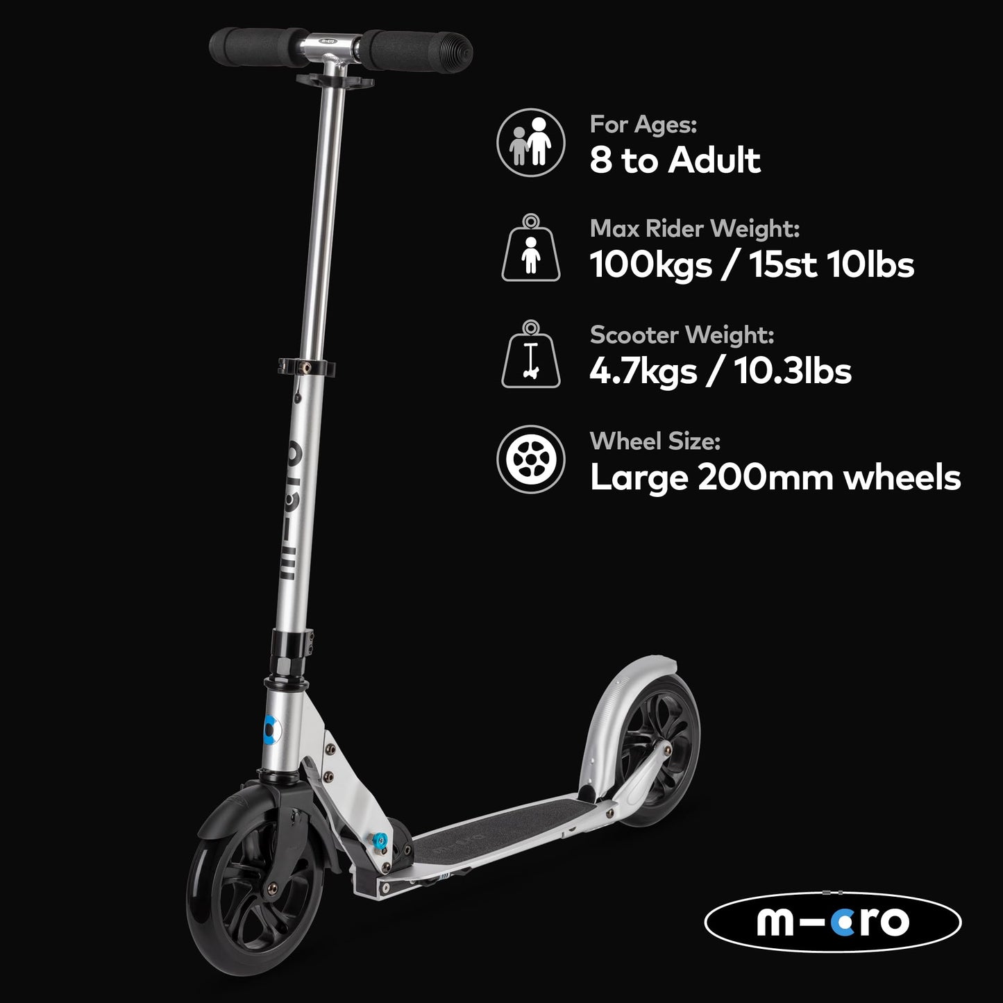 Micro Scooters | Micro Classic mature-themed Scooter | Big Wheels | City Commuting | Foldable | Matt Silver