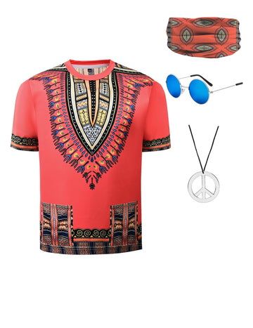 Inrajoper Boys Hippie Costume Kids Colorful African Dashiki T-Shirt Festival Boho 60'S 70'S Bohemian Outfits Orange 9-10 Years