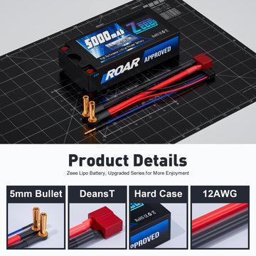 Zeee 2S Shorty Lipo Battery 5000mAh (Roar Approved) 7.4V 120C with 5mm Bullet to Deans Connector Hard Case Battery for 1/10 Scal