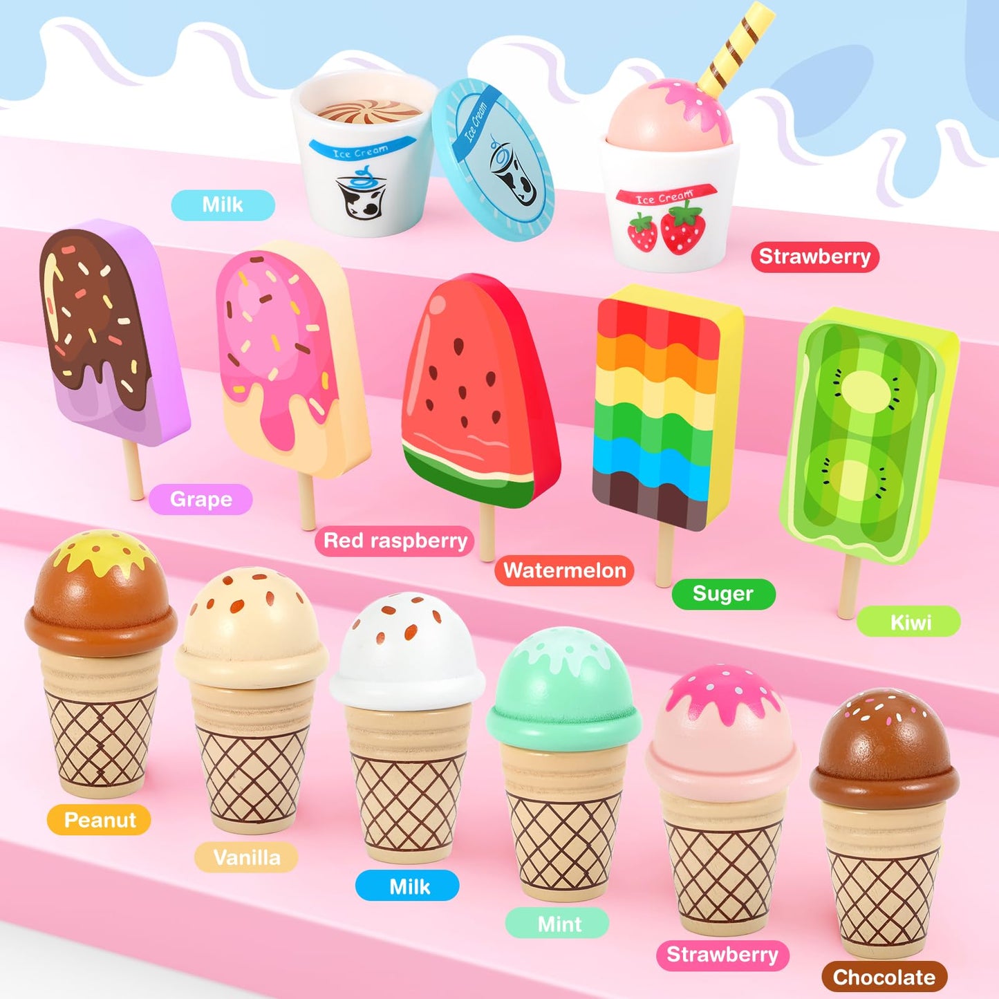 Loscola Ice Cream Toy, Wooden Ice Cream Toys for Kids Toddlers, Pretend Play Kitchen Food Toys, Ice Cream Counter Shop Playset f