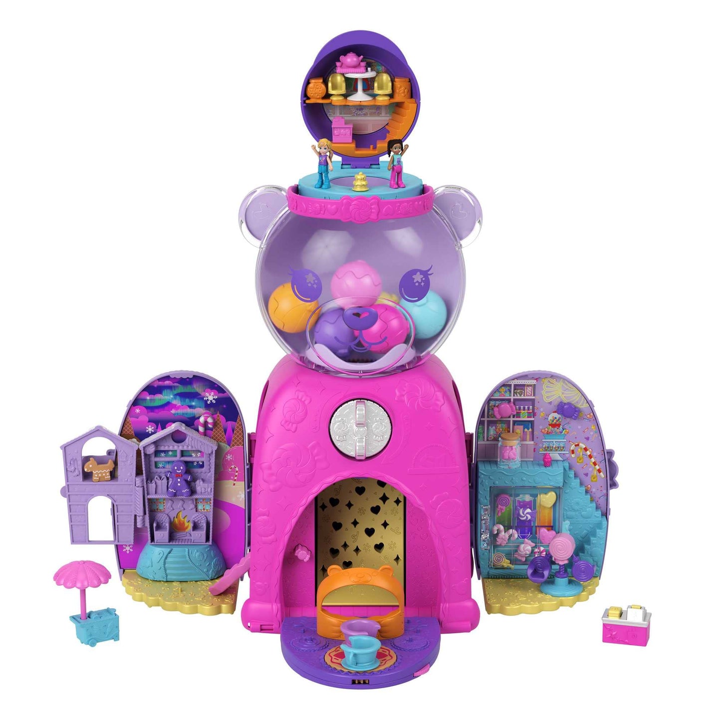 Polly Pocket Gumball Bear Travel Toy Playset with 2 Micro Dolls & 26 Accessories, Multicolor, Model HJN90, Plastic