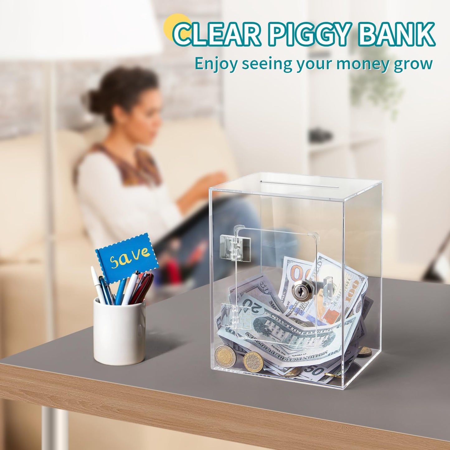 Clear Piggy Bank For Adults Kids, Large Acrylic Piggy Bank Money Saving Box For Cash Saving With Key, Openable Clear Acrylic Sav