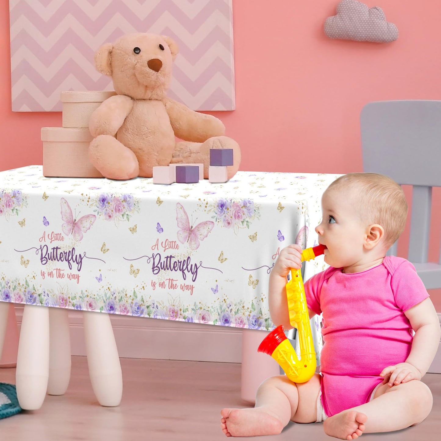 Butterfly Baby Shower Tablecloth Decoration,A Little Butterfly Is One The Way Baby Shower Decoration 3Pcs Waterproof Pink And Pu