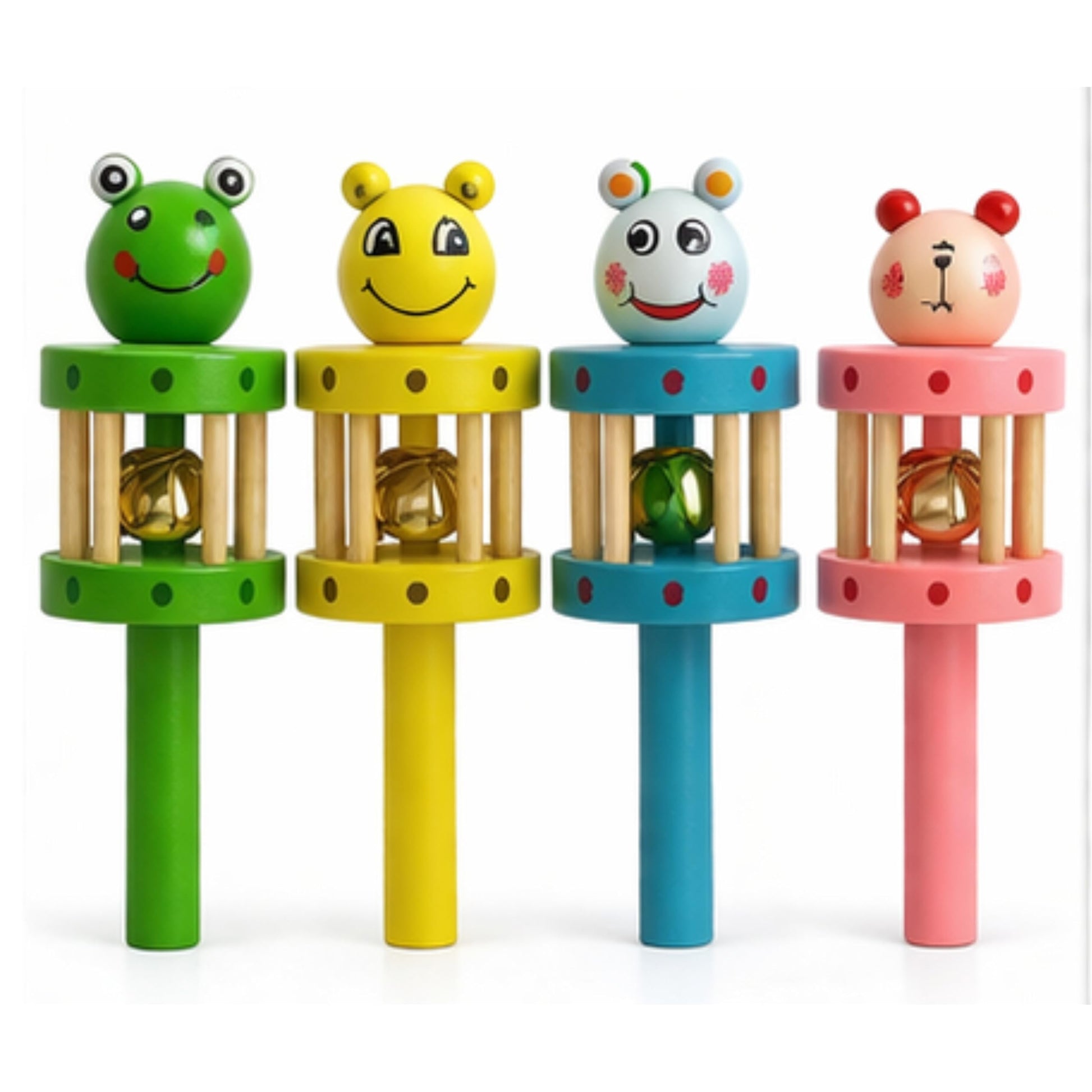 Wooden Baby Rattle Toy For Infants & Toddlers, Animal Bell Shaker, Montessori Sensory Toy, Non Toxic Painted Wood, Easy Grip Han