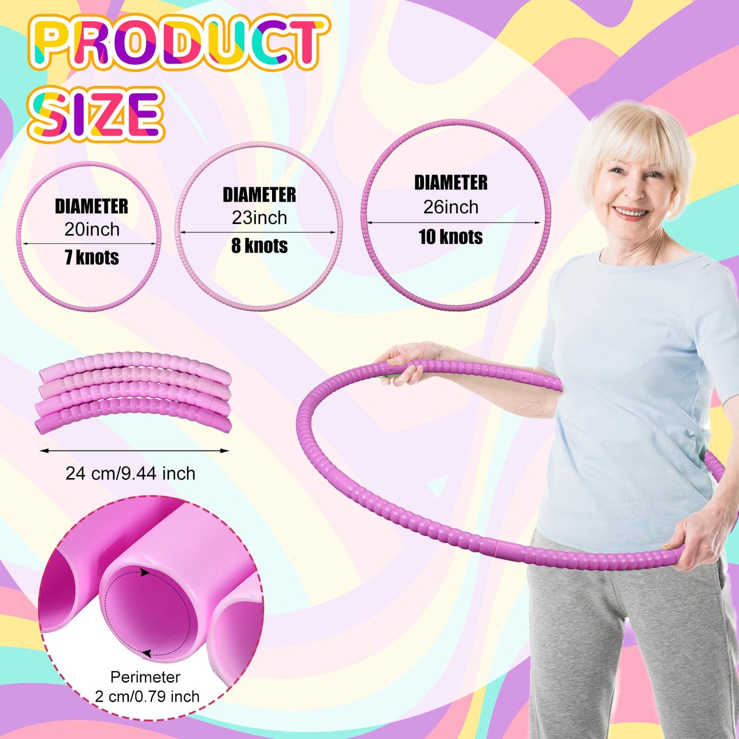 Syhood 12 Pcs Toy Color Hoop Plastic Detachable Adjustable Hoop Light Weight Exercise Fitness Equipment Toy Waist Ring for mature-themed Party  3 Sizes (Gradient Pink)