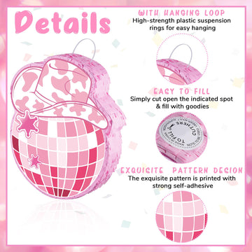 Lewtemi 15.7 Inch Cowboy Hat Piñata Western Cowboy Theme Birthday Party Decors Party Favors With Blindfold Stick Confetti Photo Prop Candy Holder Valentine'S Party Supplies (Pink, Disco Ball)
